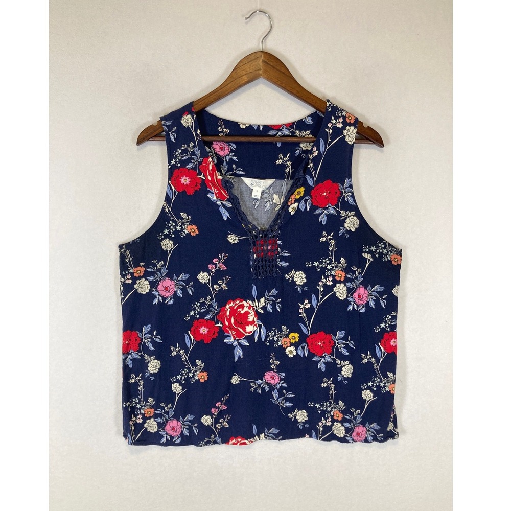 Boho Floral Market & Spruce Women XL Navy Blue Crochet V-Neck Sleeveless Blouse